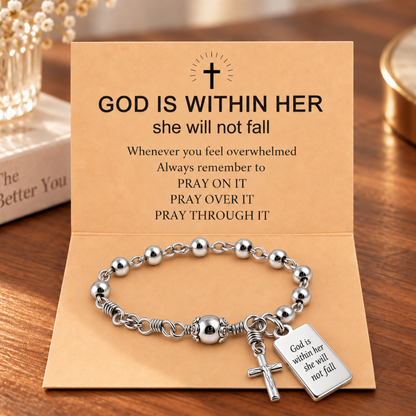 God Is Within Her Silver Cross Bead Bracelet