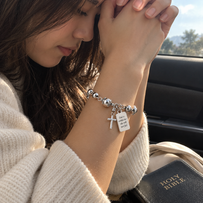 God Is Within Her Silver Cross Bead Bracelet