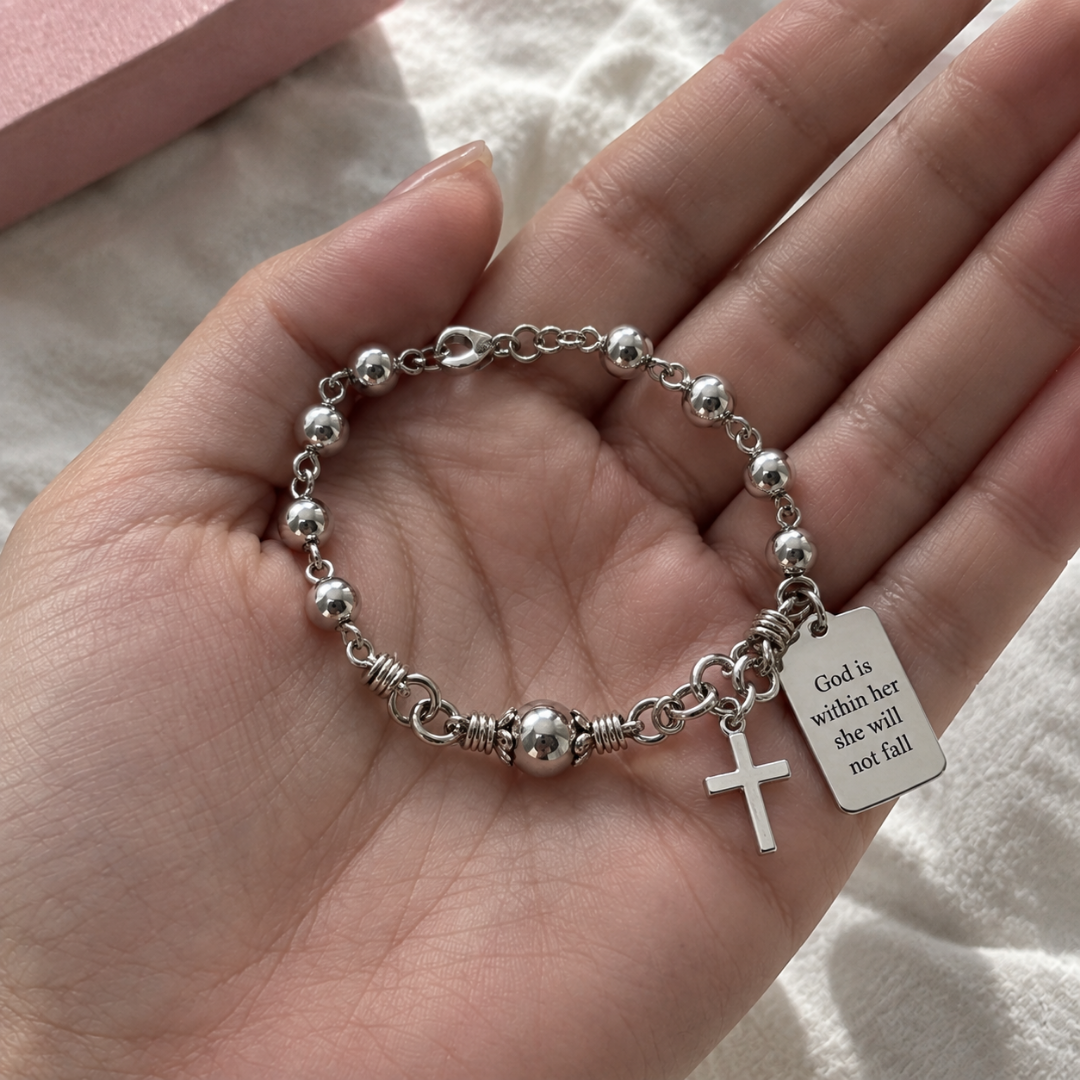 God Is Within Her Silver Cross Bead Bracelet