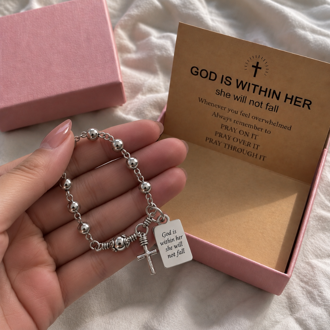 God Is Within Her Silver Cross Bead Bracelet