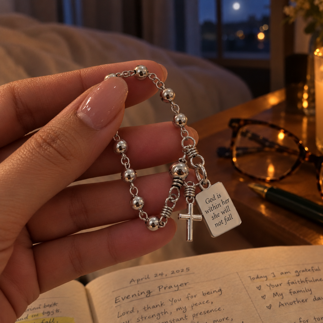 God Is Within Her Silver Cross Bead Bracelet