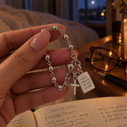 God Is Within Her Silver Cross Bead Bracelet