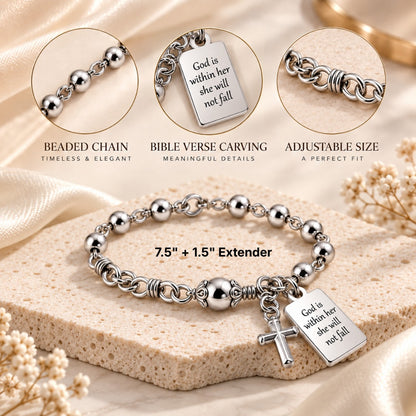 God Is Within Her Silver Cross Bead Bracelet